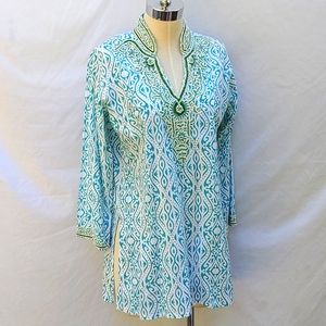 Ladies beachy tunic or cover up, beaded v-neck and sleeve, Sweet Lily, sz S